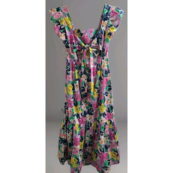 Meet Me In Santorini Sz M Floral Flutter Sleeve Tie Back Cut Out Maxi Dress - Picture 9 of 12